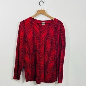 Chico's Red Casual Blouse With Flattering Black Lines Design Size 16 Long Sleeve